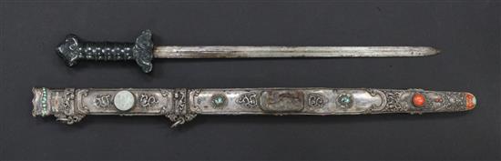 A Chinese jadeite, coral and hardstone mounted silver sword, early 20th century, total length 90cm.